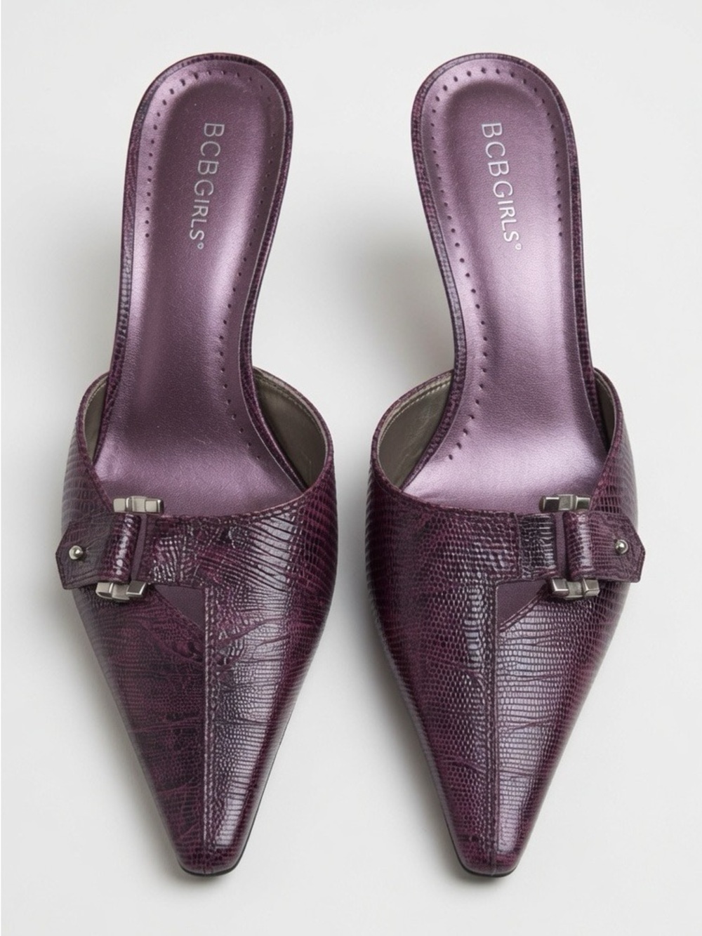 BCBGirls Burgundy purple Pointed Mule kitten Heels with Decorative Buckle